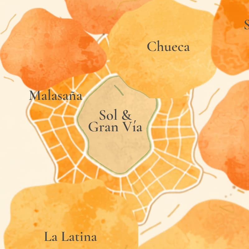 Illustrated map crop showing where Sol & Gran Vía sits in Madrid