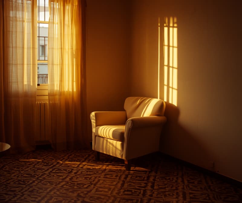 Illustration: late-afternoon light through persianas across a tiled floor